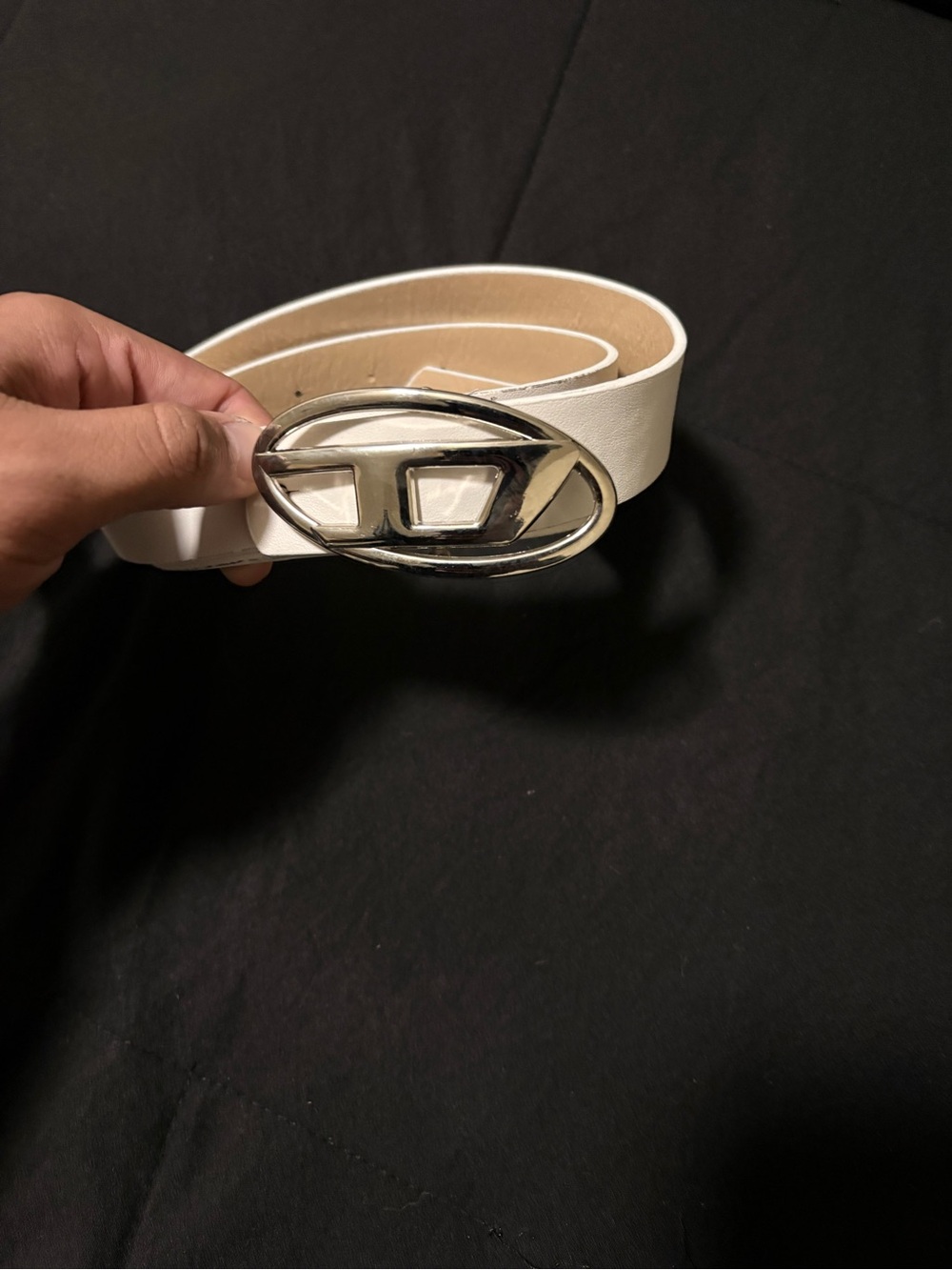 COPY-Diesel White Leather Belt with Silver Oval Buckle